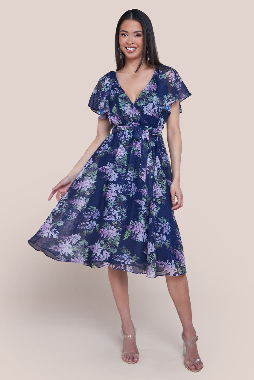 Printed Lurex A-Line Flutter Sleeve Midi Dress - Navy Blue DR4516