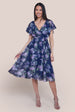 Goddiva Printed Lurex A-Line Flutter Sleeve Midi Dress - Navy Blue