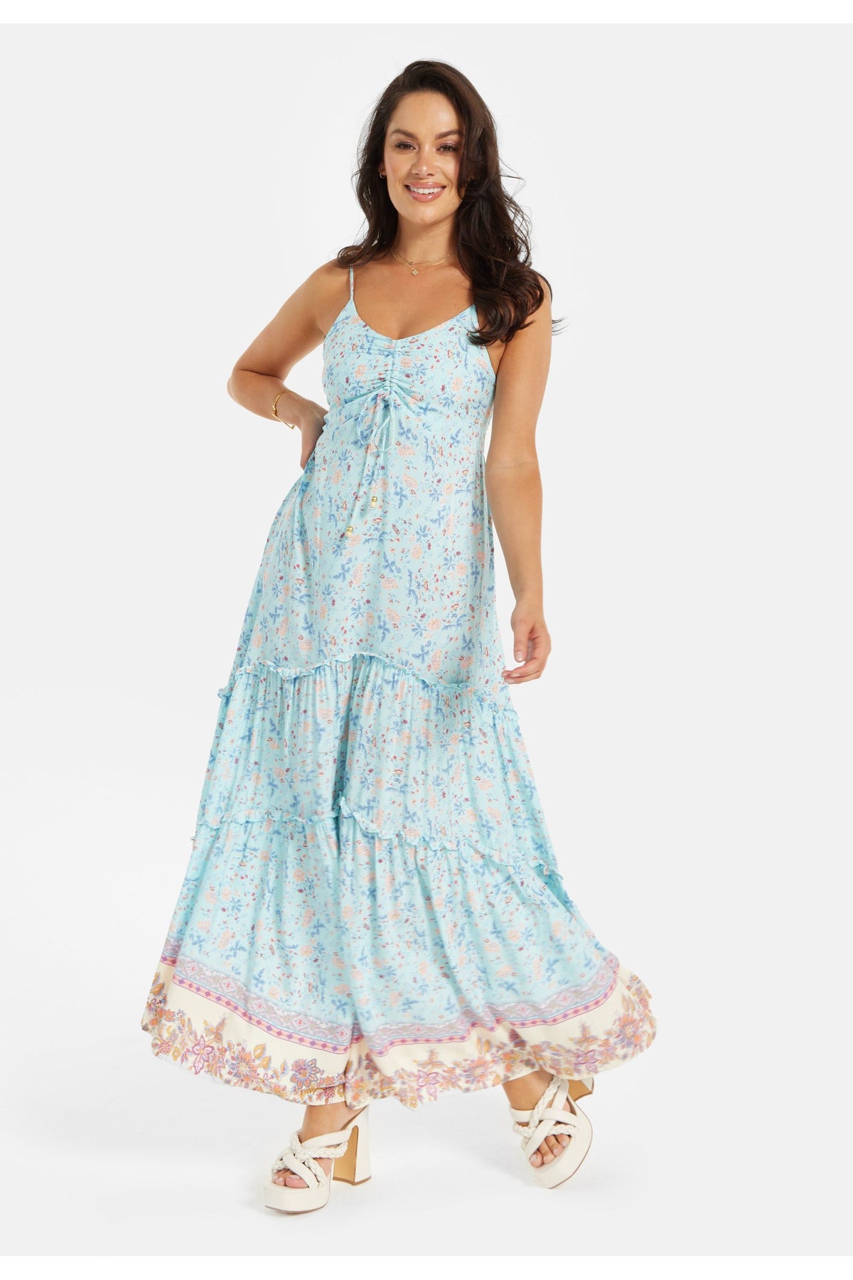 Light Blue Floral Cami Maxi Dress With Contrast Hem LQ21W0005