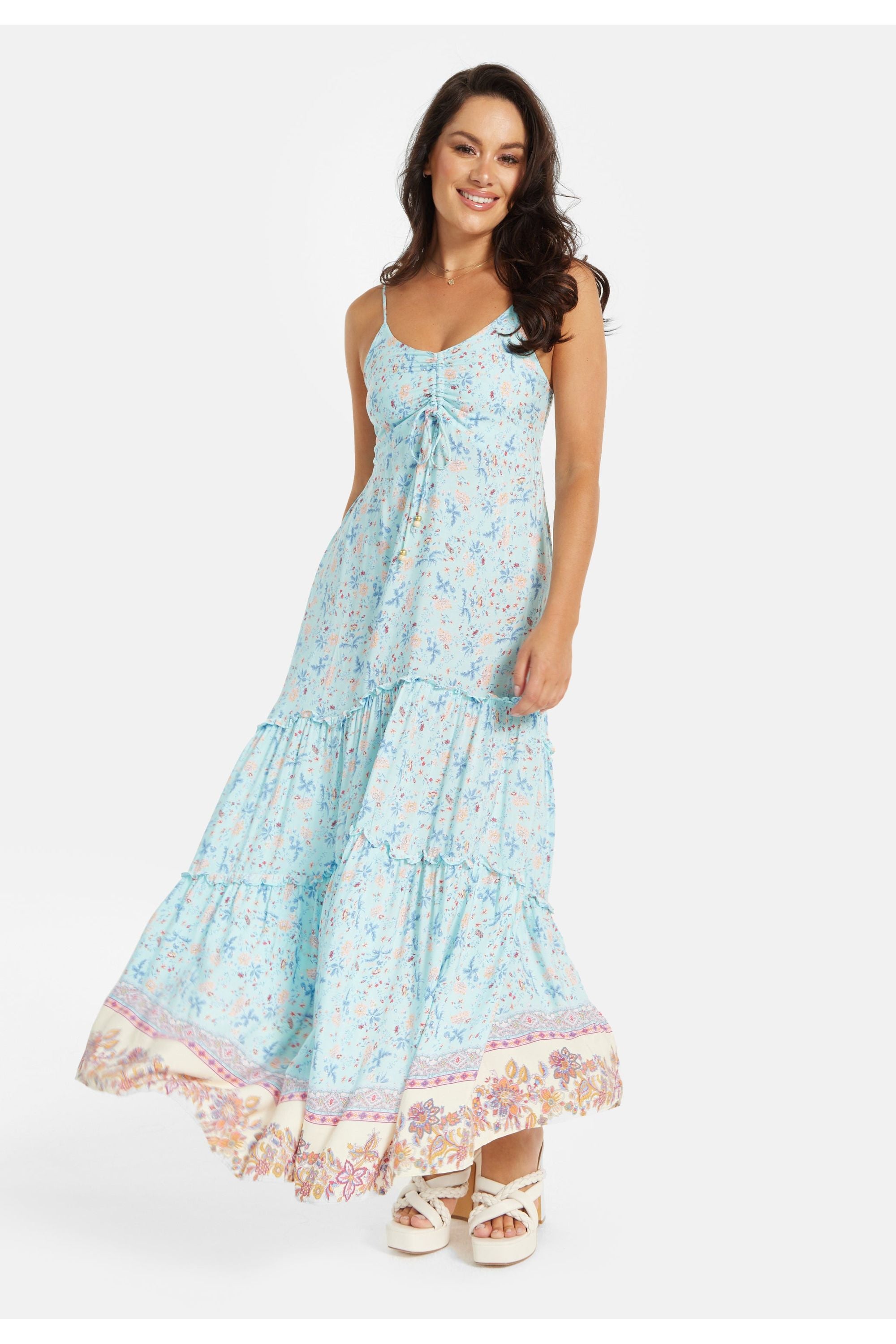 Light Blue Floral Cami Maxi Dress With Contrast Hem LQ21W0005