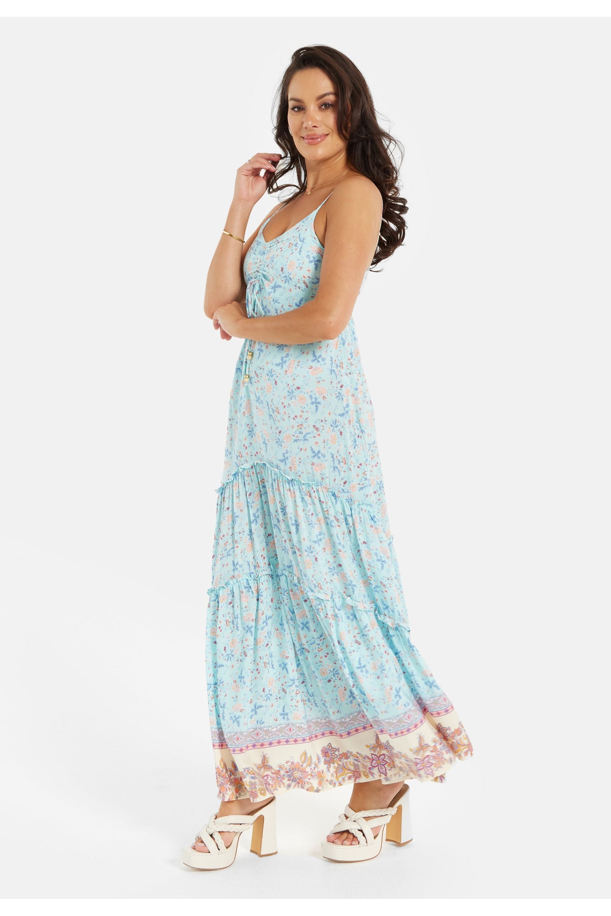 Light Blue Floral Cami Maxi Dress With Contrast Hem LQ21W0005