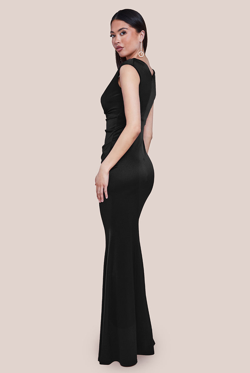 Satin Off The Shoulder Maxi Dress - Black DR3580