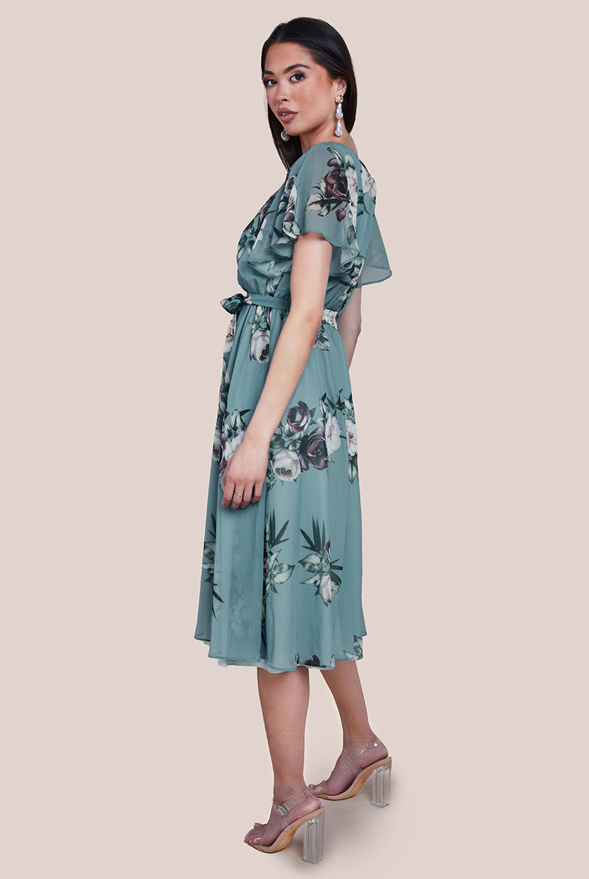 Floral Printed Flutter Sleeve Chiffon Midi Dress - Airforce Blue DR4515