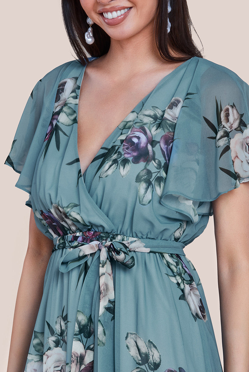 Floral Printed Flutter Sleeve Chiffon Midi Dress - Airforce Blue DR4515