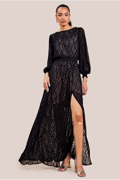 Black - Chiffon Geo-Wave Front Split Maxi Dress - Black by Goddiva