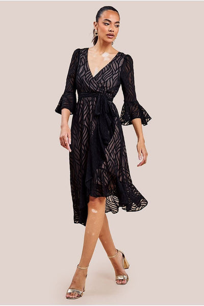 Black - Chiffon Geo-Wave Front Frill Wrap Midi Dress - Black by Goddiva