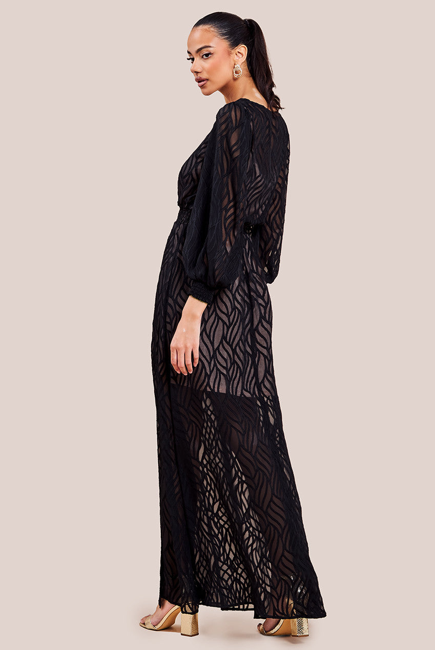 Chiffon Geo-Wave Front Split Maxi Dress - Black DR4413