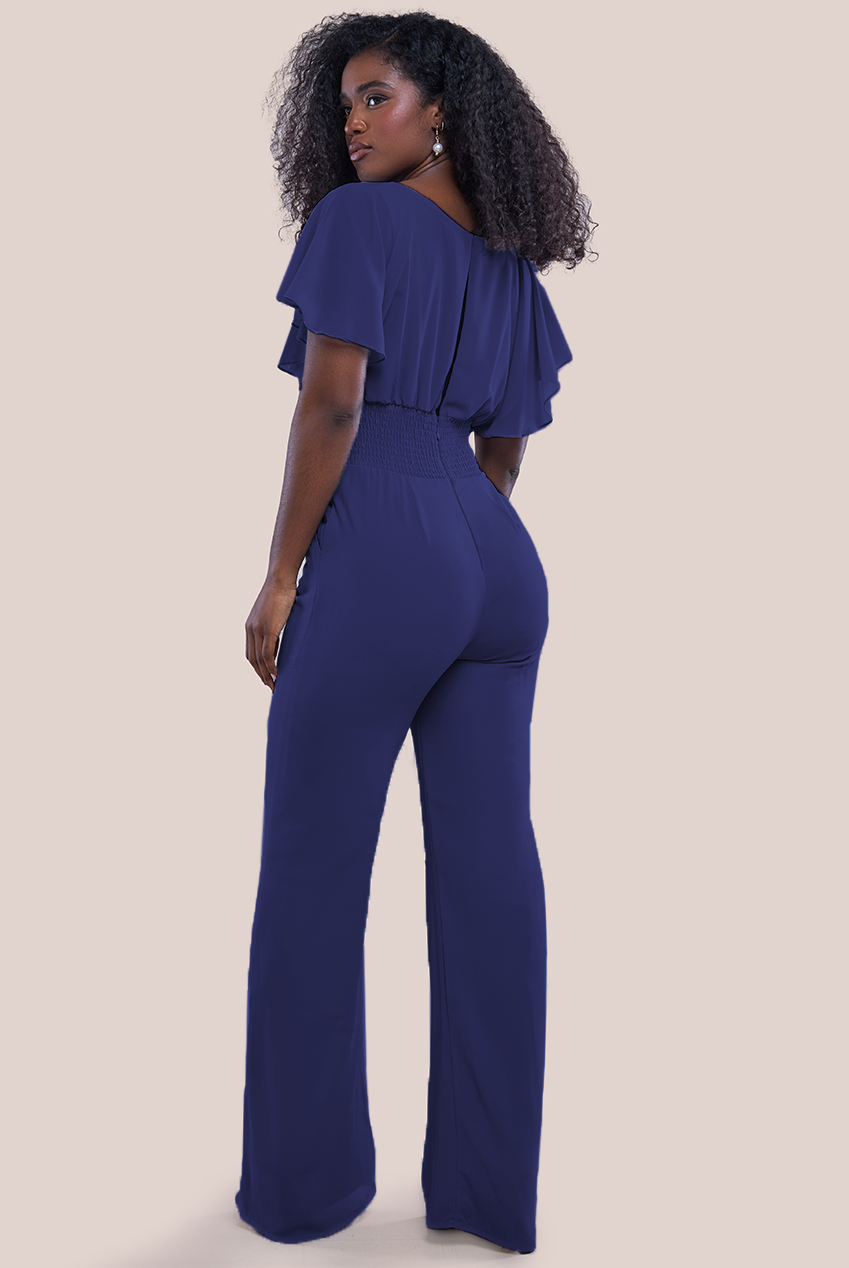 Chiffon Jumpsuit With Flutter Sleeves - Navy TR352