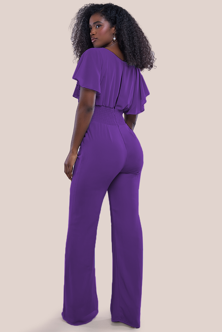 Chiffon Jumpsuit With Flutter Sleeves - Purple TR352