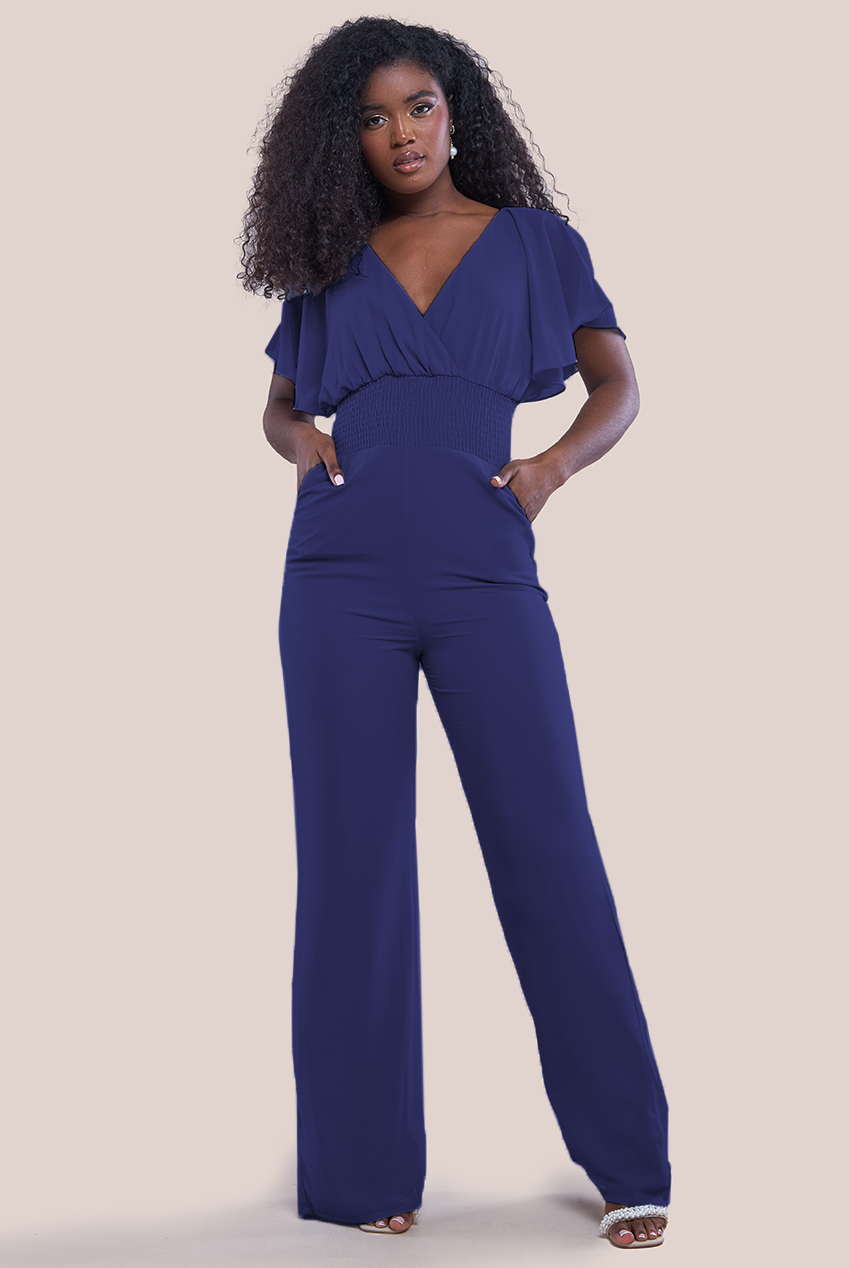 Chiffon Jumpsuit With Flutter Sleeves - Navy TR352