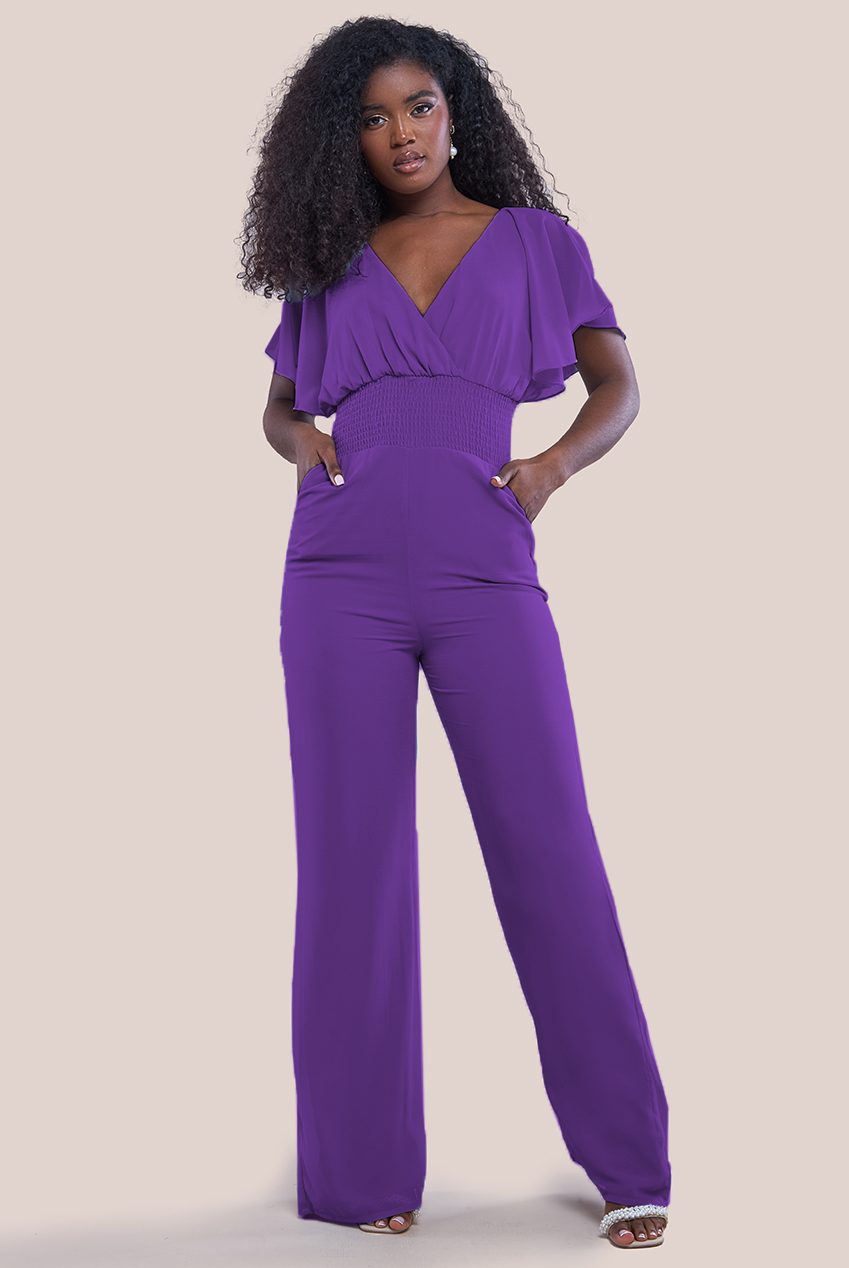 Chiffon Jumpsuit With Flutter Sleeves - Purple TR352