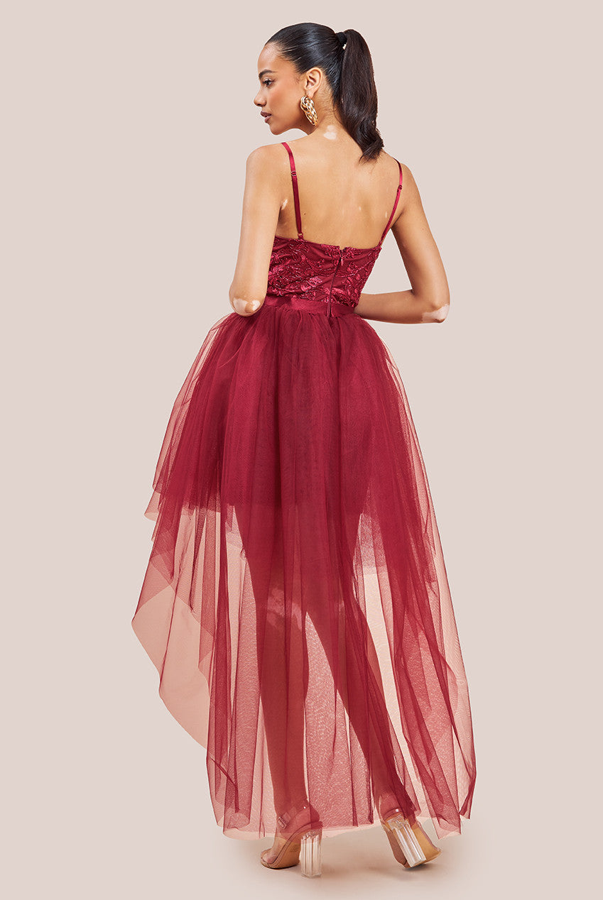 High Low Tulle Mini With Lace Bodice - Wine DR3061