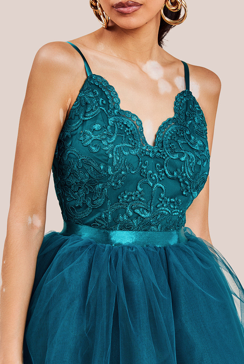 High Low Tulle Mini With Lace Bodice - Emerald DR3061