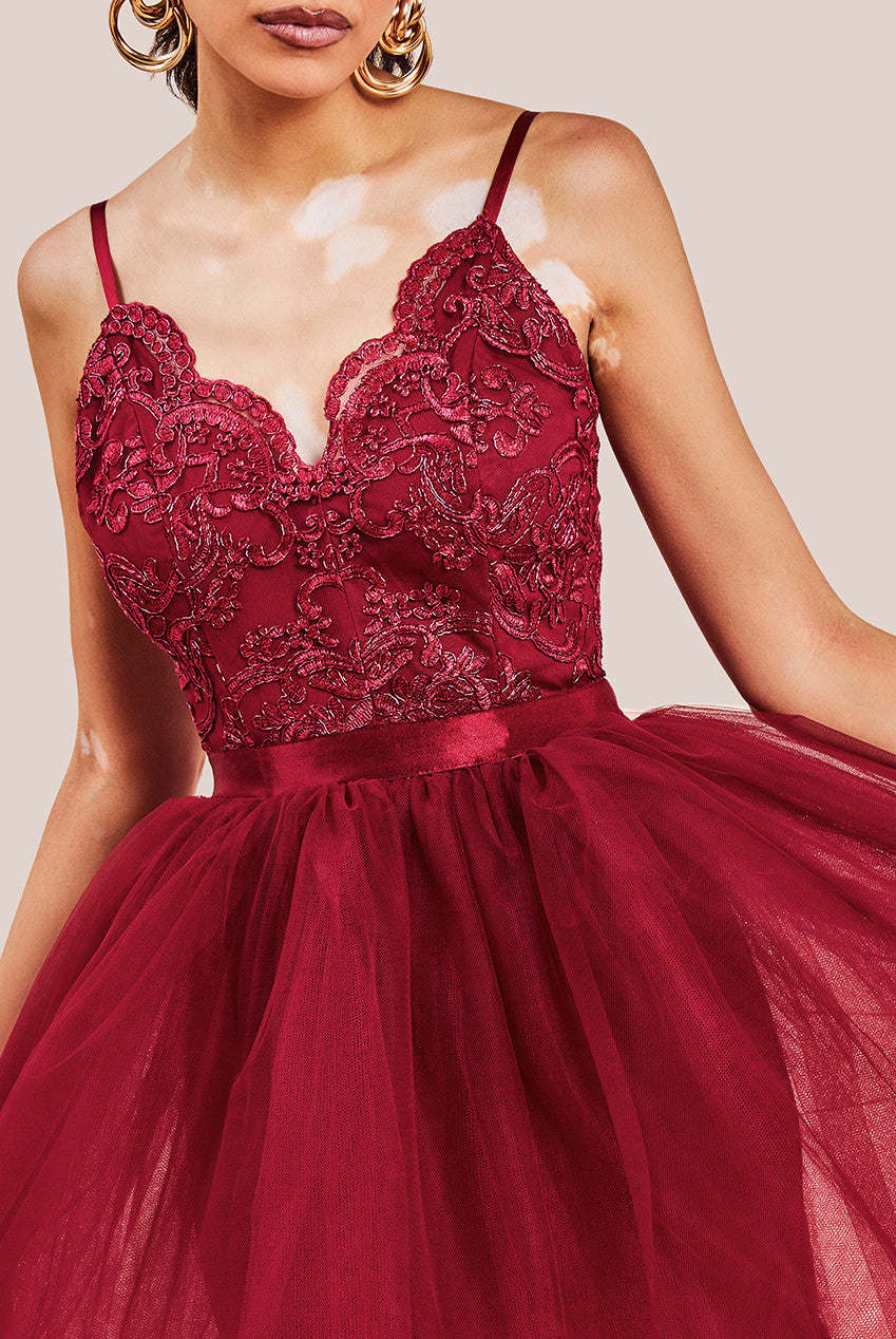 High Low Tulle Mini With Lace Bodice - Wine DR3061