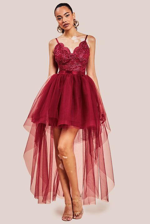 High Low Tulle Mini With Lace Bodice - Wine by Goddiva