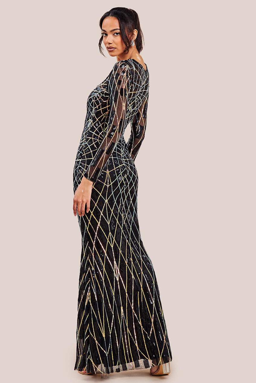 Geo Sequin Long Sleeve Maxi Dress - Black DR3495