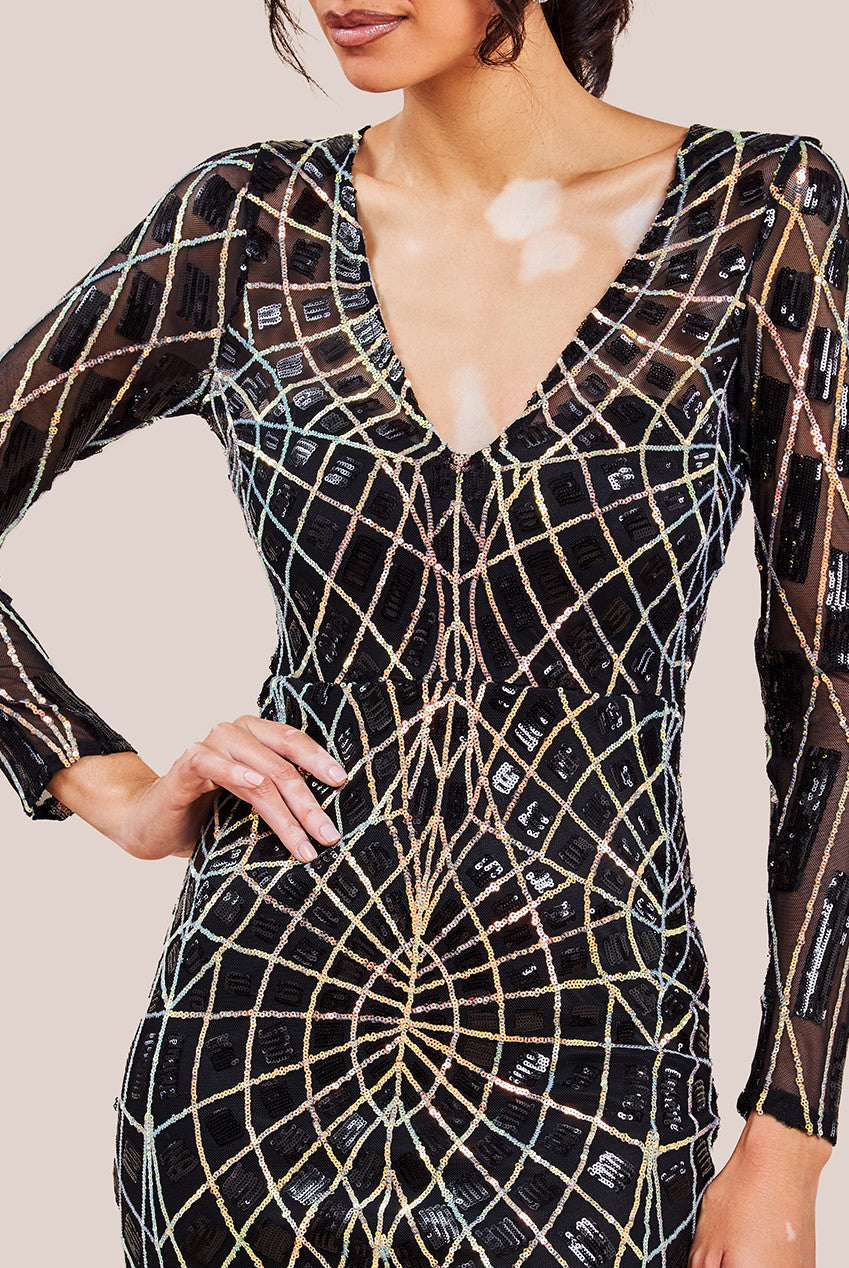 Geo Sequin Long Sleeve Maxi Dress - Black DR3495