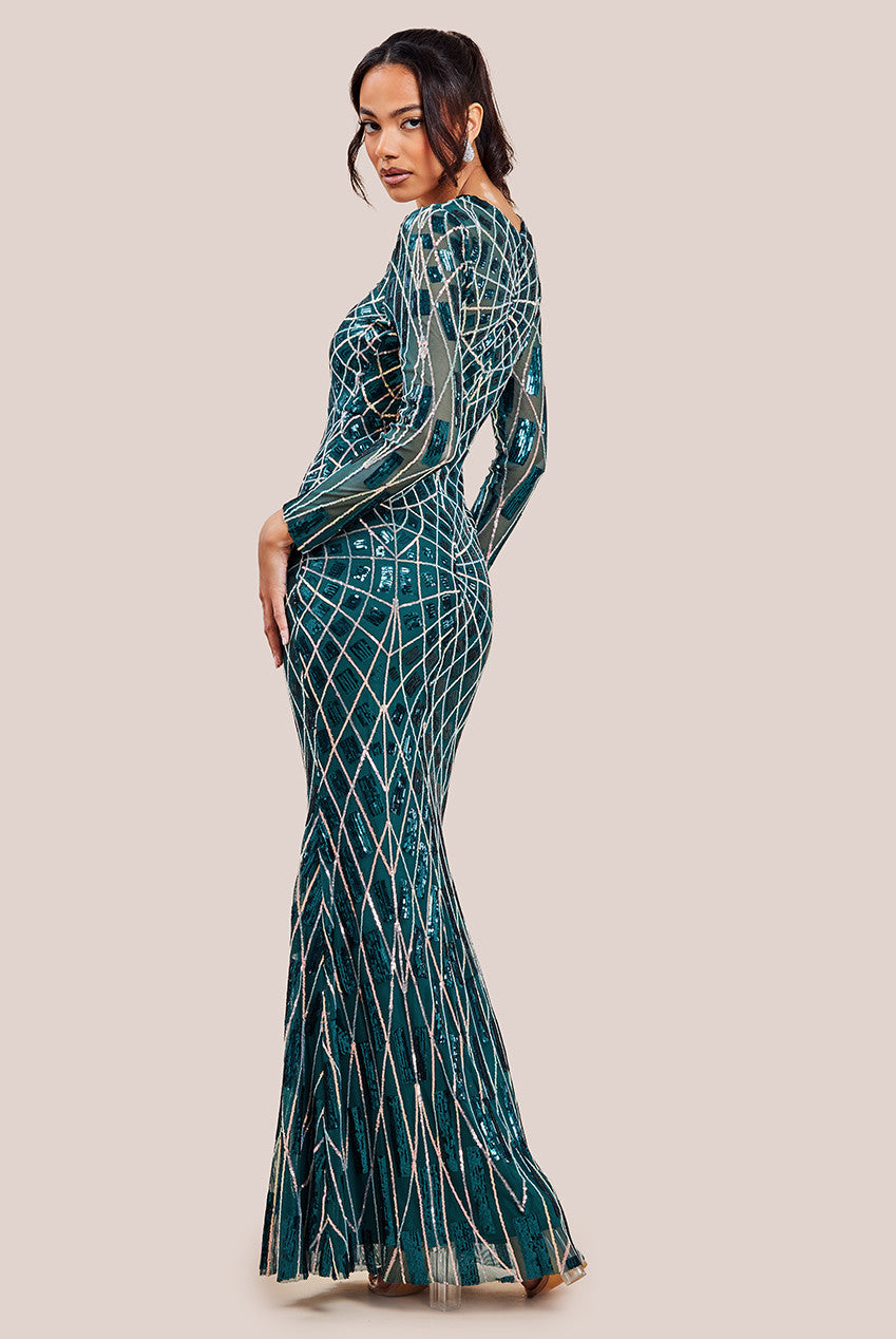 Geo Sequin Long Sleeve Maxi Dress - Emerald DR3495