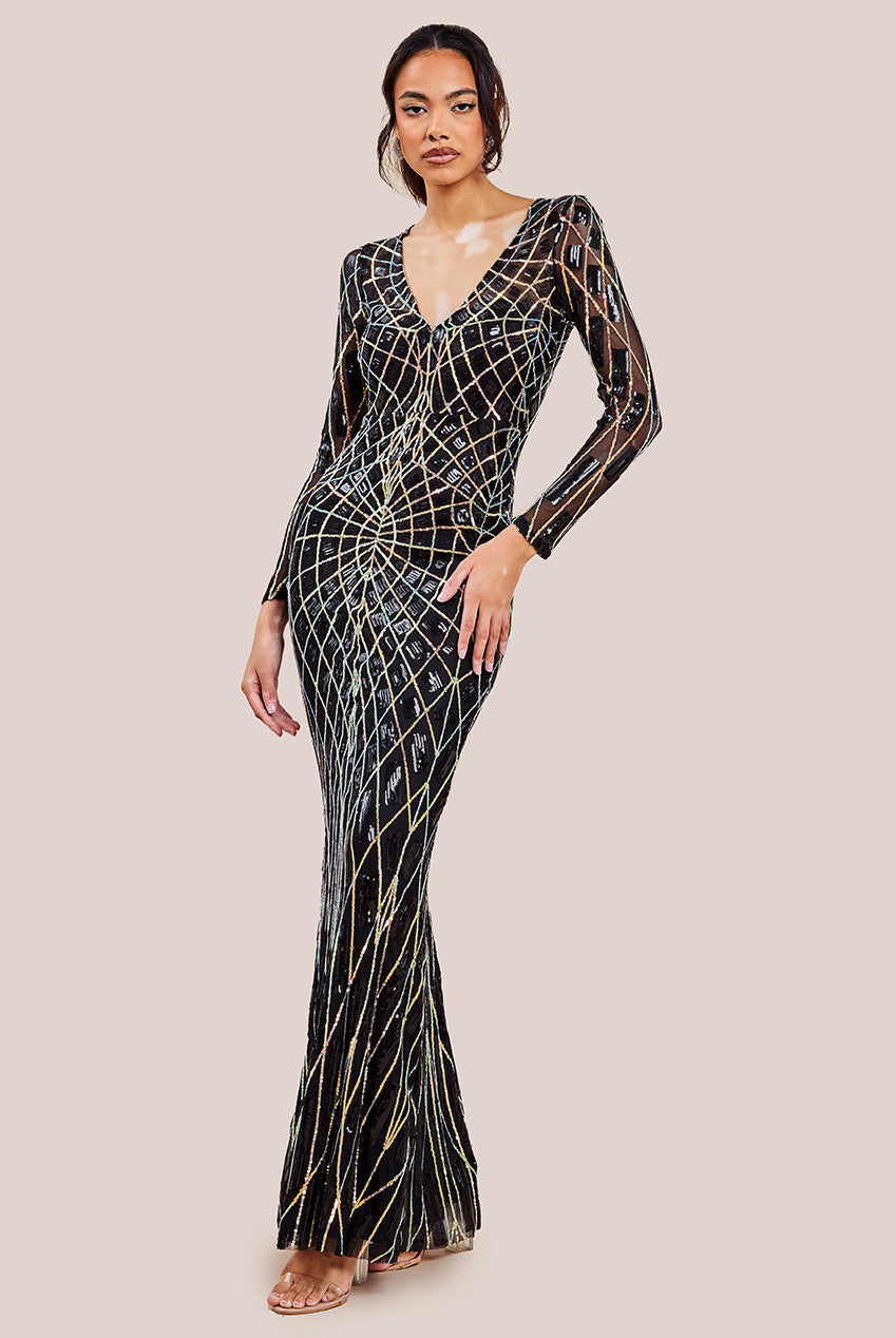 Geo Sequin Long Sleeve Maxi Dress - Black DR3495