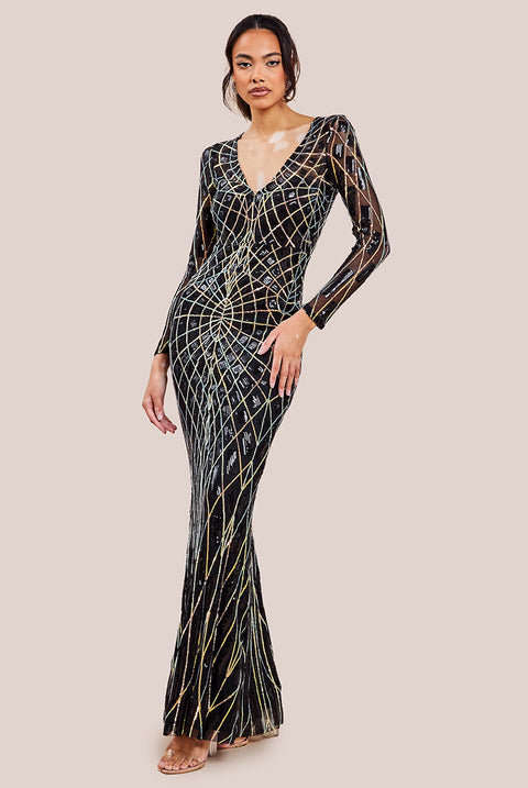 Geo Sequin Long Sleeve Maxi Dress - Black DR3495