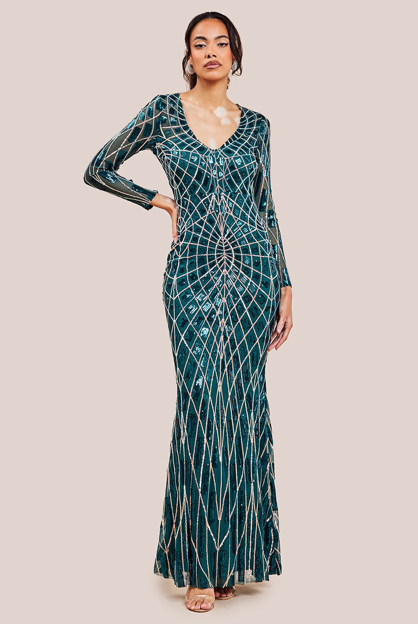 Geo Sequin Long Sleeve Maxi Dress - Emerald DR3495