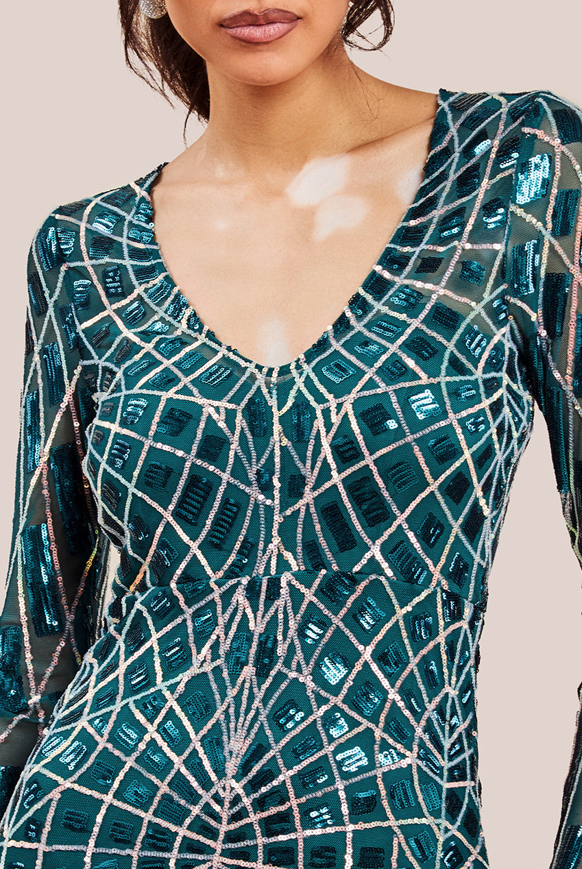 Geo Sequin Long Sleeve Maxi Dress - Emerald DR3495