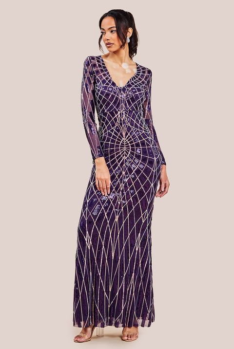 Geo Sequin Long Sleeve Maxi Dress - Purple DR3495