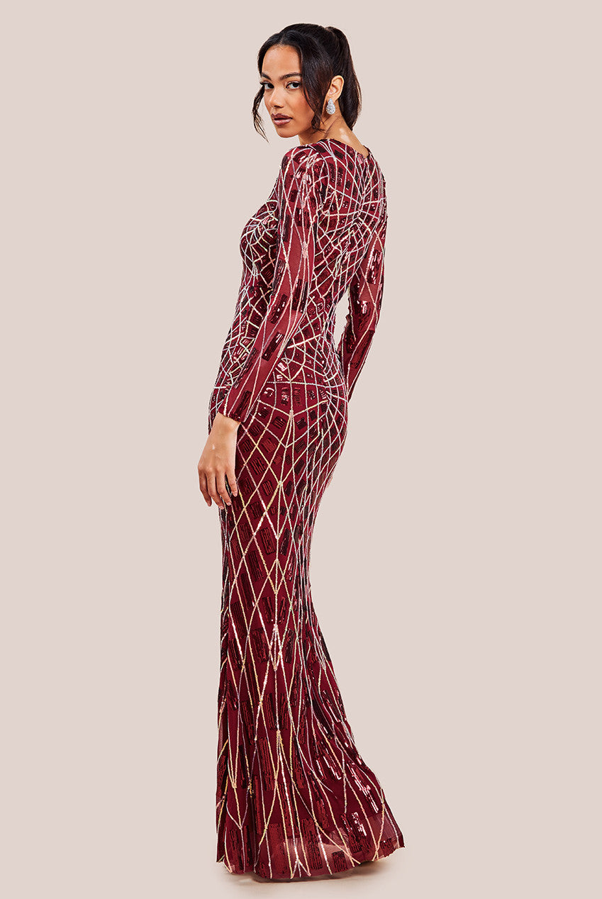 Geo Sequin Long Sleeve Maxi Dress - Wine DR3495