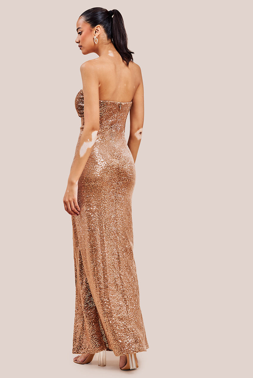 Sequin Velvet Bandeau Maxi Dress - Champagne DR3610