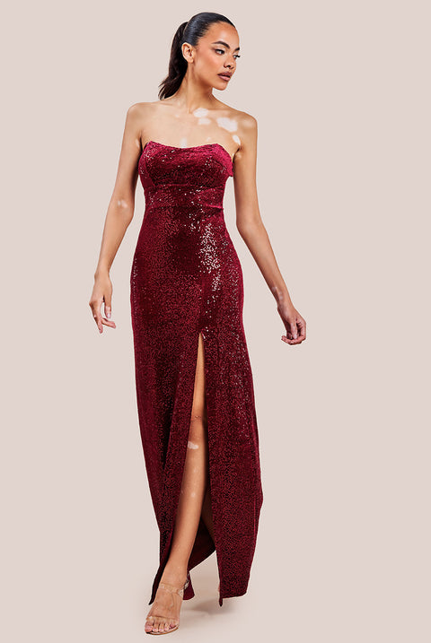 Sequin Velvet Bandeau Maxi Dress - Wine by Goddiva