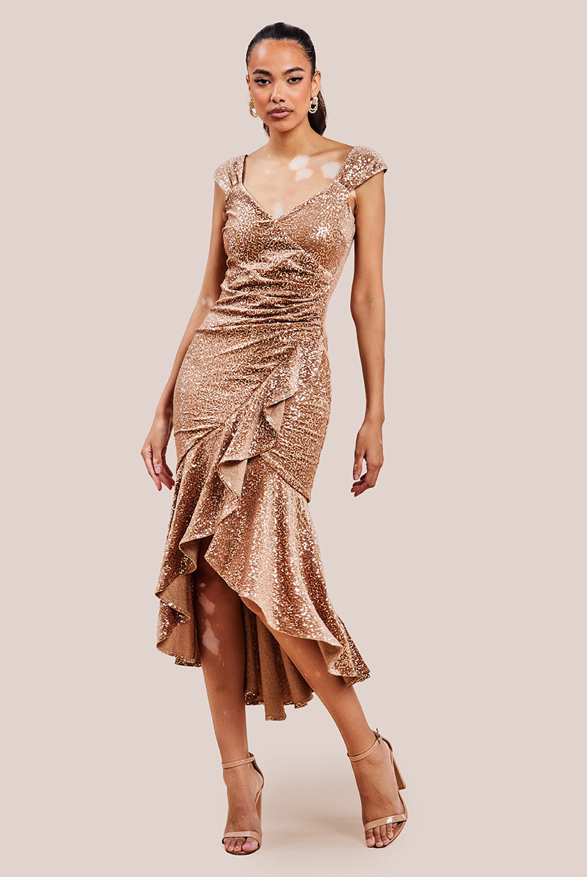 Sequin & Velvet Bardot High Low Midaxi Dress - Champagne DR3622