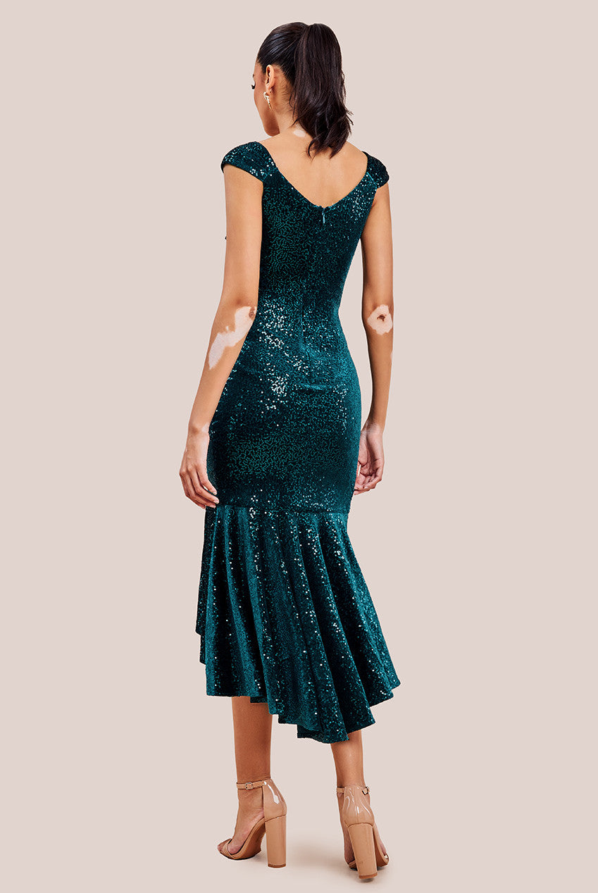 Sequin & Velvet Bardot High Low Midaxi Dress - Emerald Green DR3622