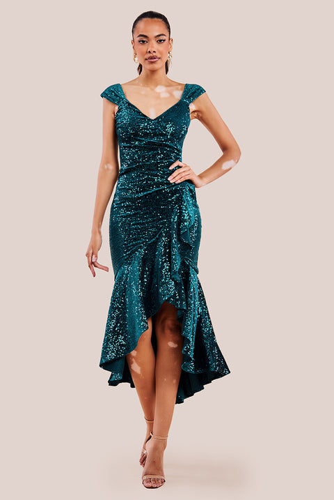 Sequin & Velvet Bardot High Low Midaxi Dress - Emerald Green by Goddiva