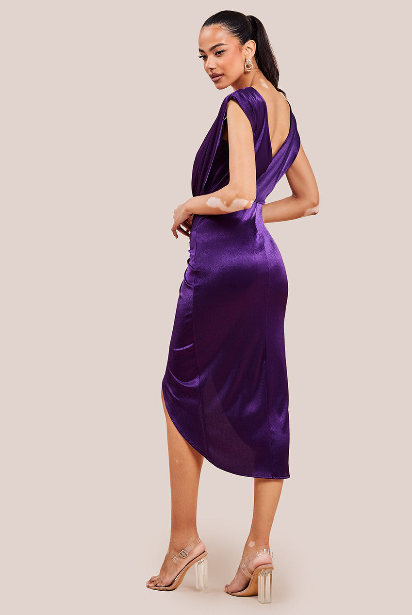 Satin Wrap Knotted Midi Dress - Purple DR3637