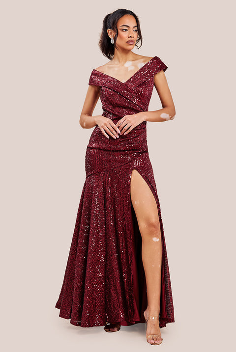 Bardot Sequin Pleated Maxi Dress - Wine by Goddiva