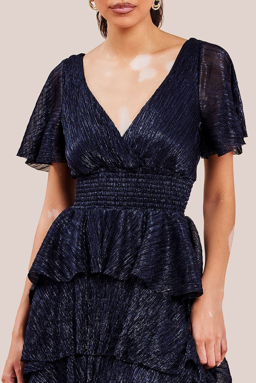 Crinkle Lurex High Low Layered Midi Dress - Navy DR3655