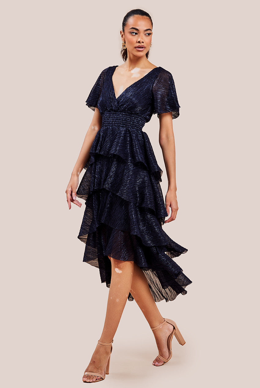 Crinkle Lurex High Low Layered Midi Dress - Navy DR3655