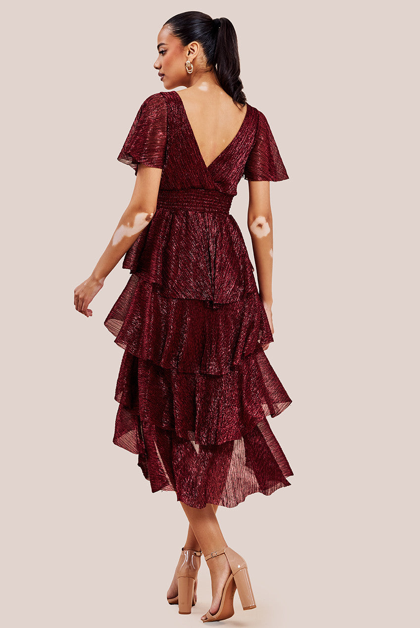 Crinkle Lurex High Low Layered Midi Dress - Wine DR3655