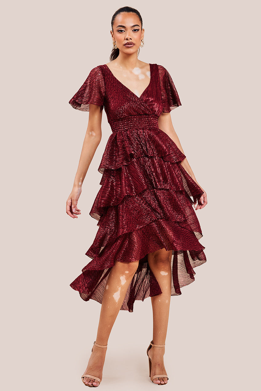 Crinkle Lurex High Low Layered Midi Dress - Wine DR3655