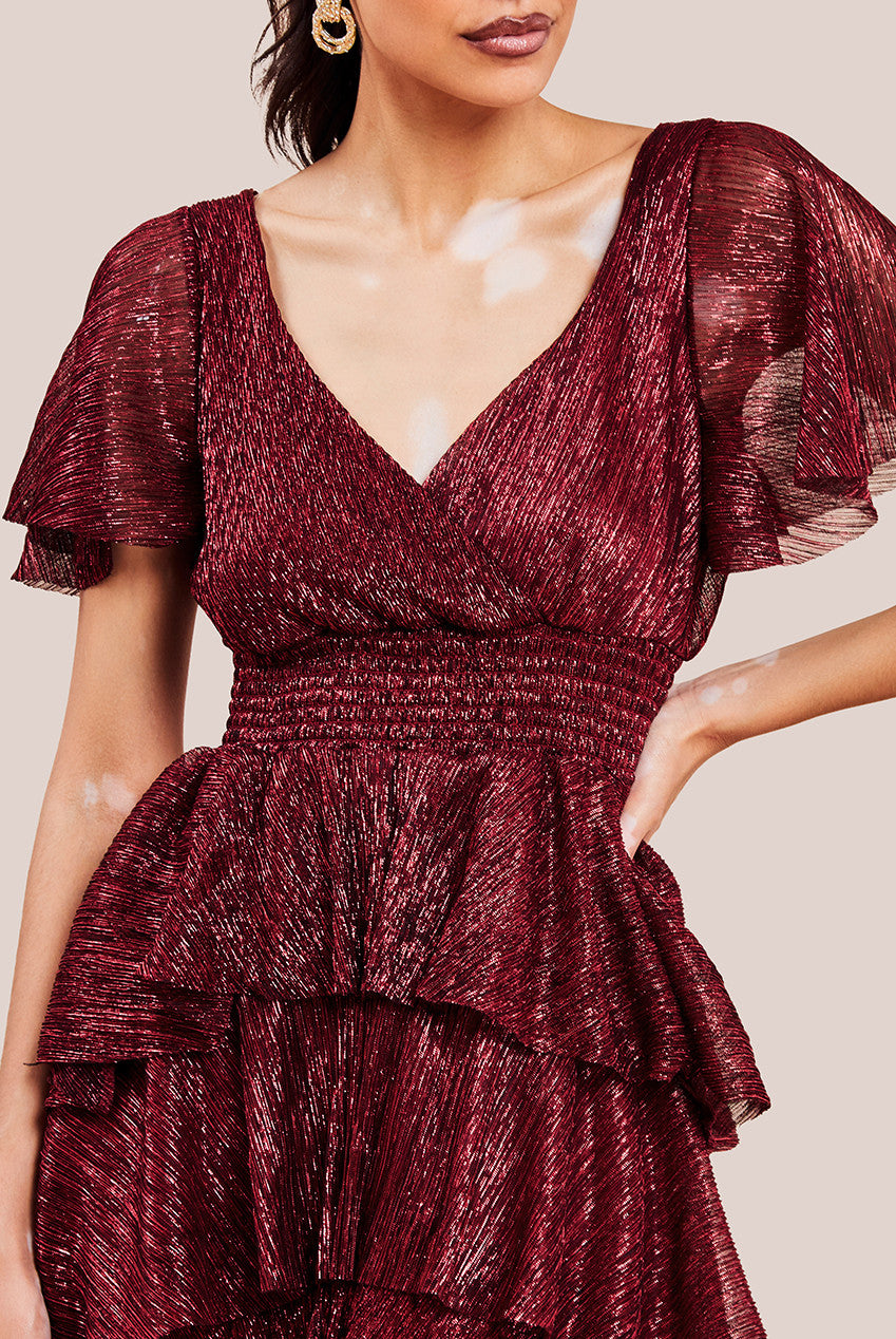 Crinkle Lurex High Low Layered Midi Dress - Wine DR3655