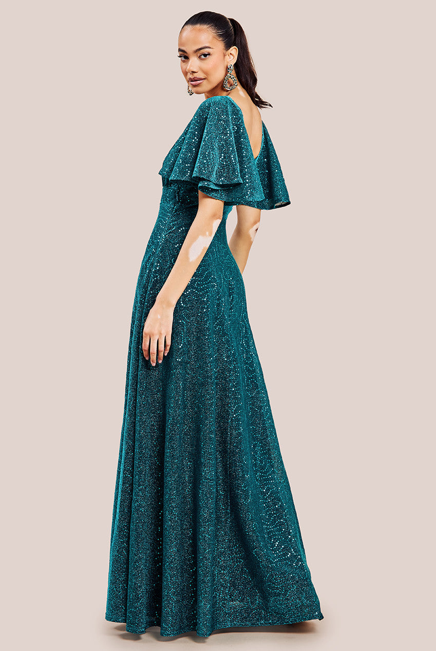 Sequin Lurex Flutter Sleeve Maxi Dress - Tealblue DR3680