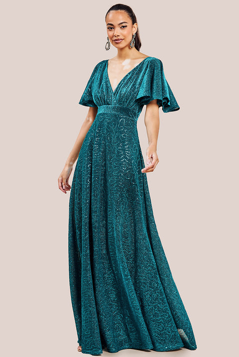 Sequin Lurex Flutter Sleeve Maxi Dress - Tealblue DR3680