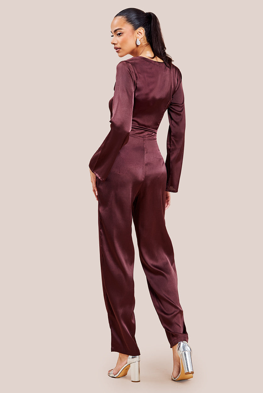 Cut Out Satin Jumpsuit - Brown TR309