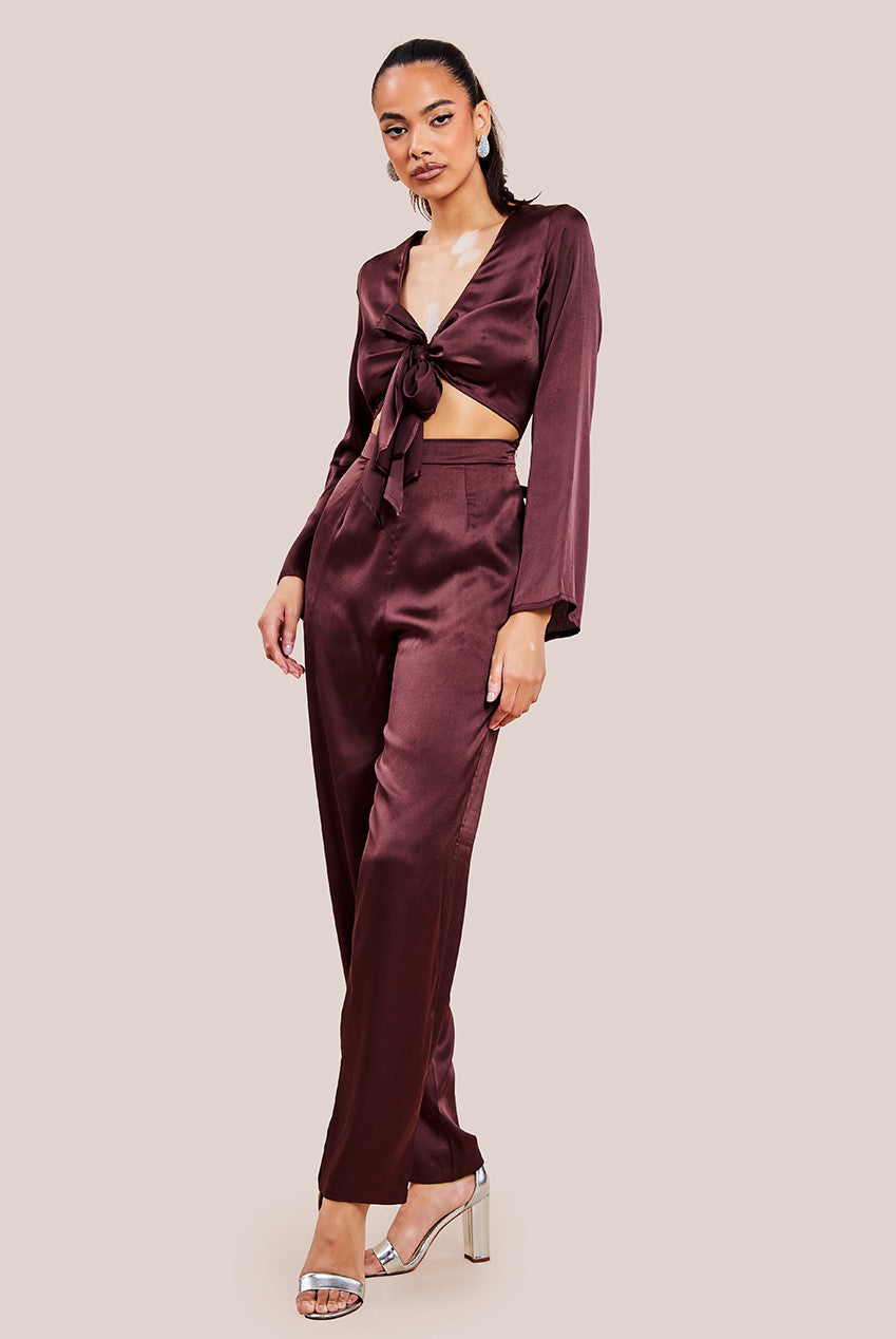 Cut Out Satin Jumpsuit - Brown TR309