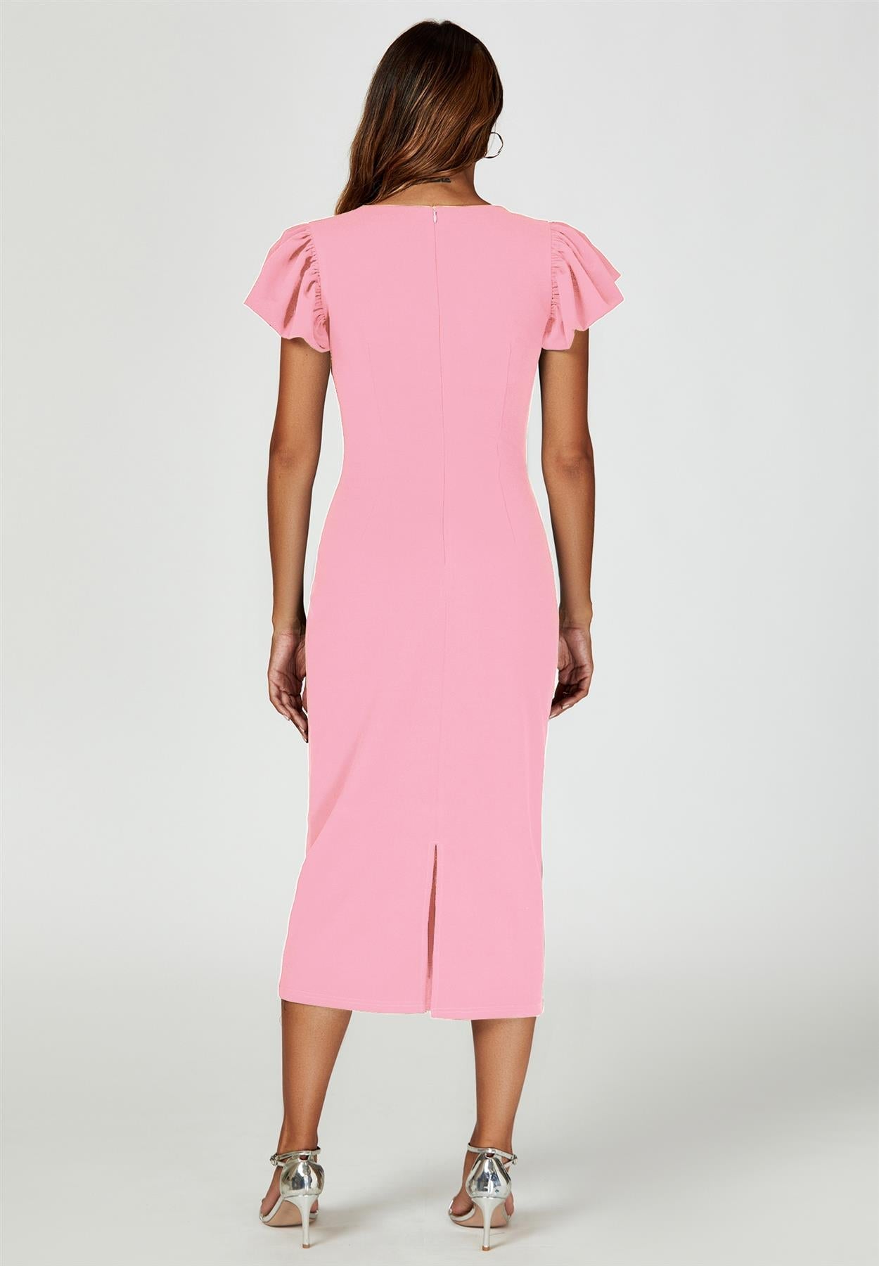 Volume Sleeve Bodycon Midi Dress In Pink FS770