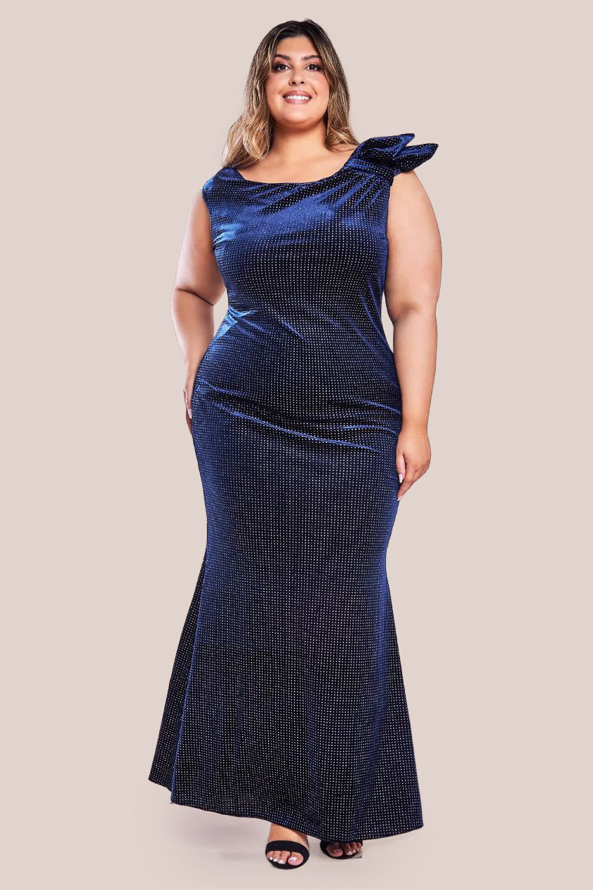 Glitter Velvet Maxi Dress With Bow Detail - Navy DR1294P