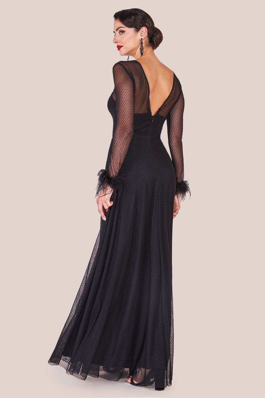 Dobby Mesh Feather Sleeve Hem Maxi Dress - Black DR4046