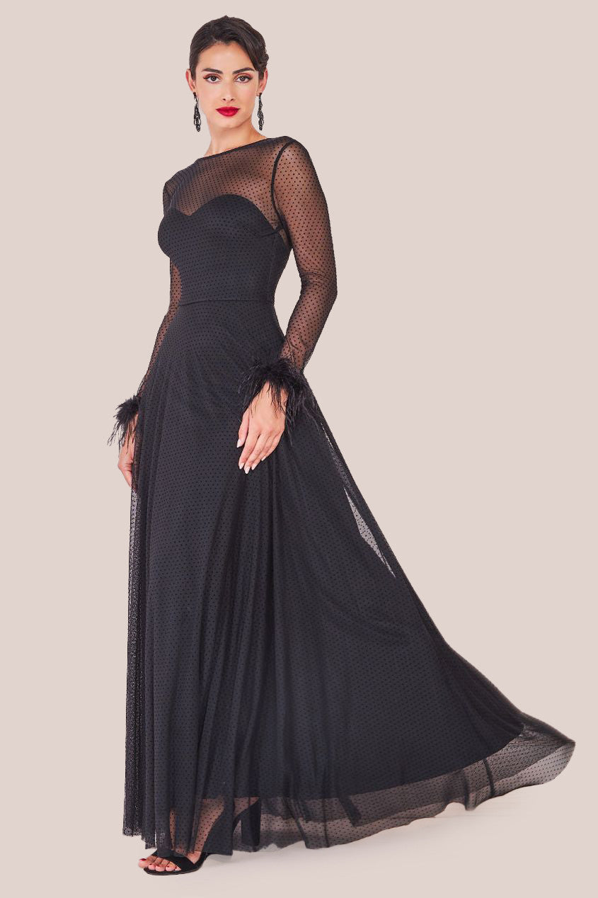 Dobby Mesh Feather Sleeve Hem Maxi Dress - Black DR4046