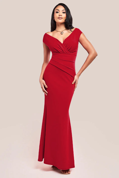 Bardot Pleated Maxi Dress - Red by Goddiva