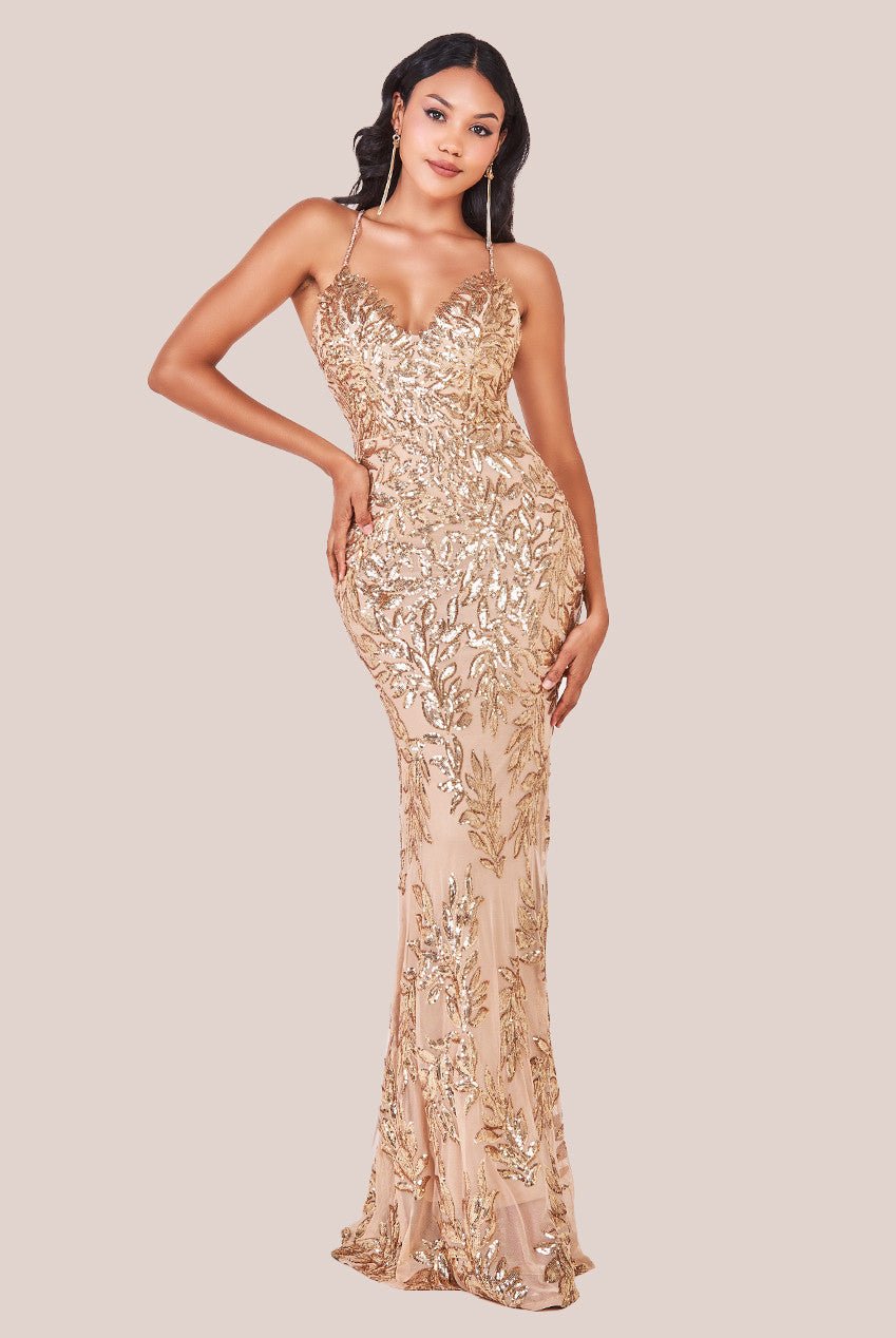 Cross Back Diamante Strap Sequin Maxi - Gold DR4009